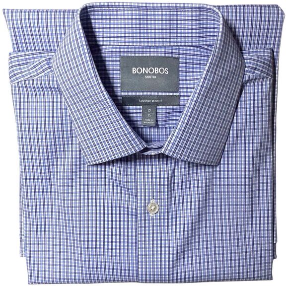 BONOBOS Jetsetter Stretch Slim Fit Dress Shirt Blue Check Size 17x35 EUC - Picture 16 of 16